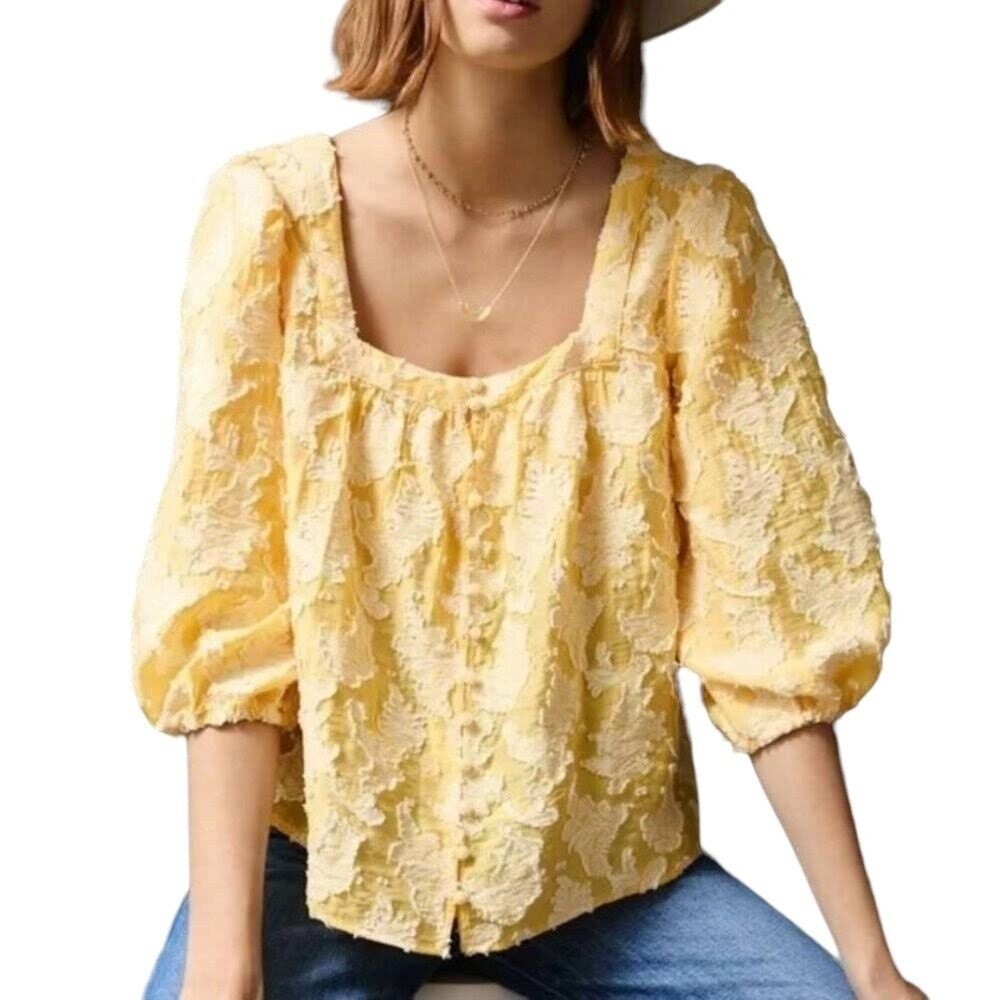 Anthropologie Yvonne Textured Yellow White Button Down Blouse Shirt Size XLP - Picture 12 of 12